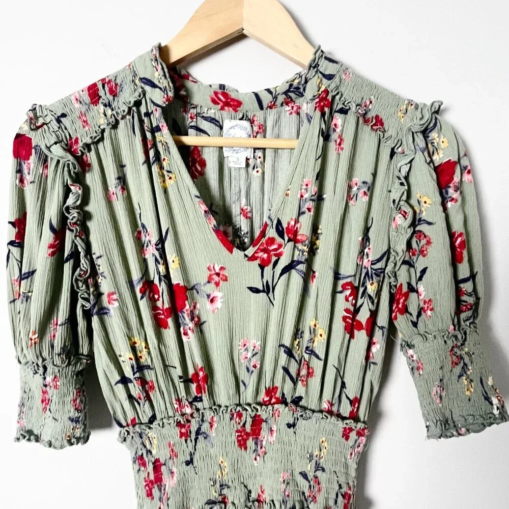 2/$30 Blue Rain Smocked Floral Green Peasant Dress Small
